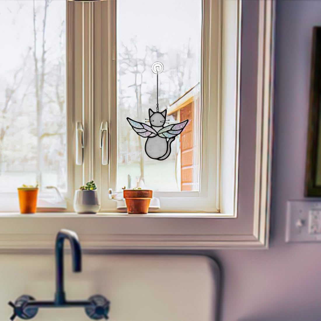 Gray Cat Gifts for Cat Lovers Stained Glass Suncatcher for Window | Angel Cat Memorial Gifts Stained Glass Window Hangings,Loss of Cat Memorial Gifts for Women,Mother,Friend, Grandma,Christmas