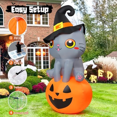 GOOSH 6 FT Halloween Inflatables Cat Outdoor Decorations Blow Up Yard Cute Wi...