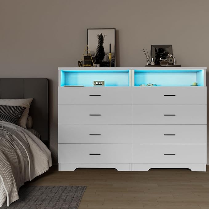 Dresser with Power Outlets and LED Lights Wooden 4 Drawer Dresser with Large - Image 7