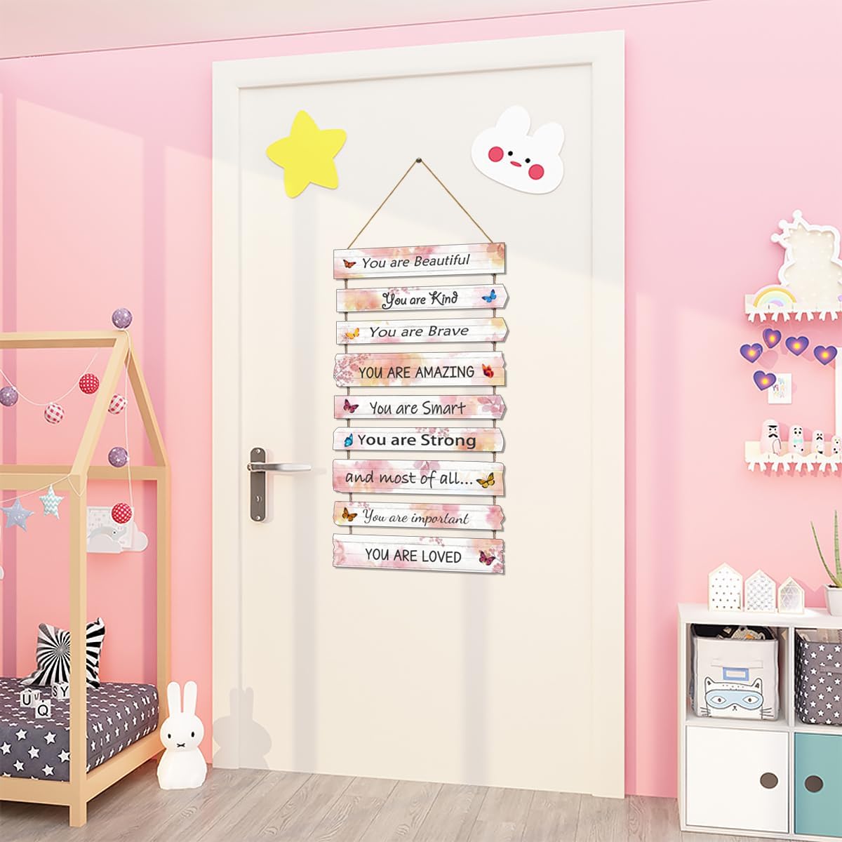 JEVUVU Butterfly Girls Room Decor, Pink Wall Decor for Baby Girl, Girl Bedroom Decor Art Signs, Trendy Stuff Decorations for Kids Nursery Bed Room Dorm Classroom Bathroom