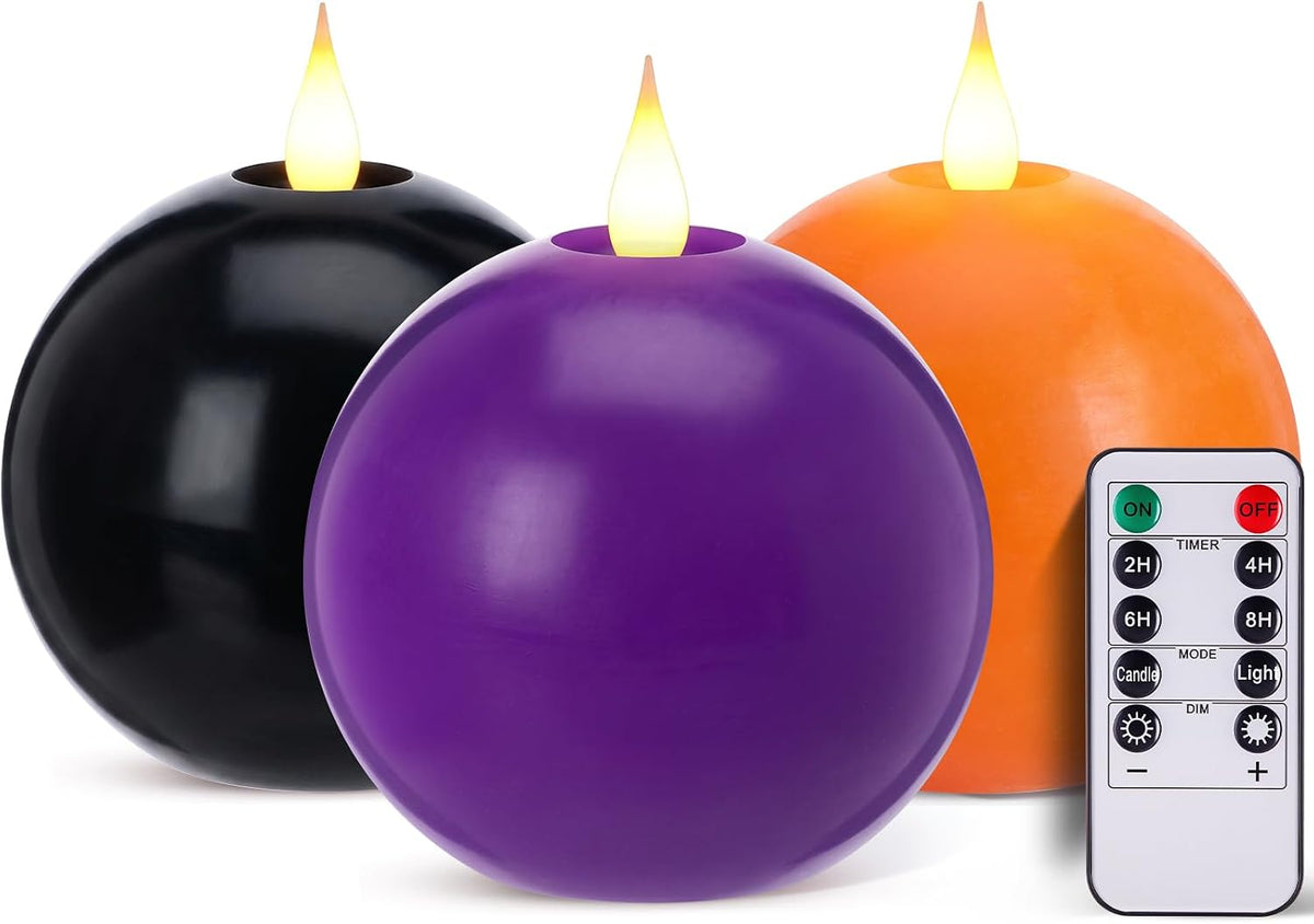 Retisee 3 Pcs Halloween Flameless Candles Real Wax Round with Remote Timer
