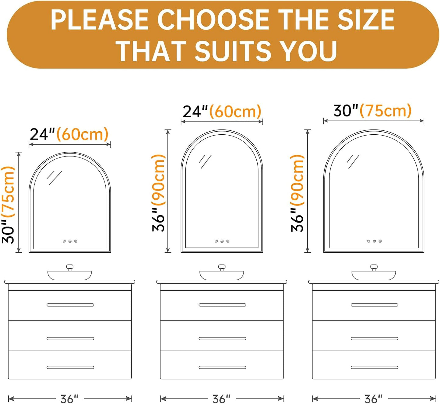 24"x36" Arched LED Lighted Bathroom Mirror with Lights | Gold Aluminum Frame, Fogless, Dimmable, Shatterproof, Touch Sensor, 3 Color Changing