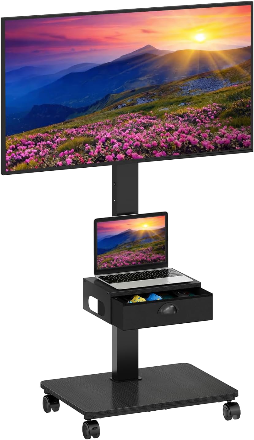 Rolling TV Stand With Drawer, TV Stand Cart On Wheels For 30-75 Inch TVs