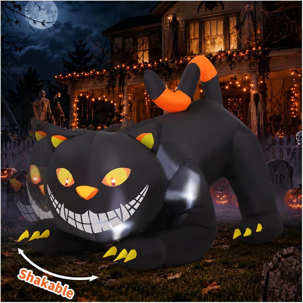 GOOSH 6 FT Halloween Inflatables Outdoor Black Cat with Shakable Head, Blow U...