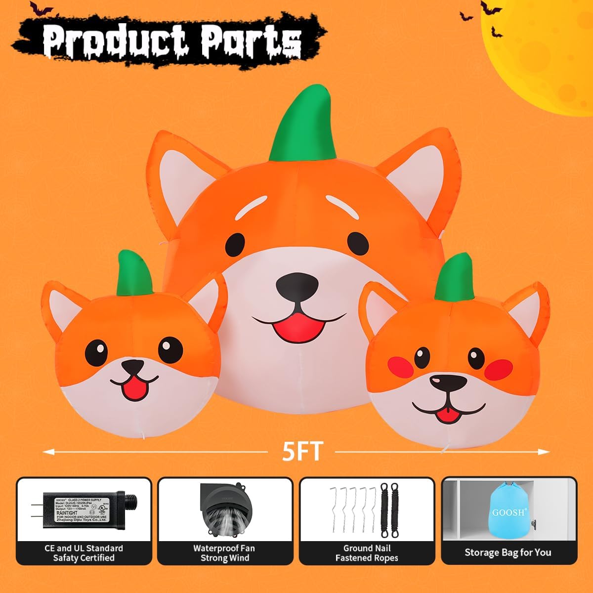 GOOSH 5 FT Long Halloween Inflatables Pumpkin Dog Outdoor Decorations Blow Up...