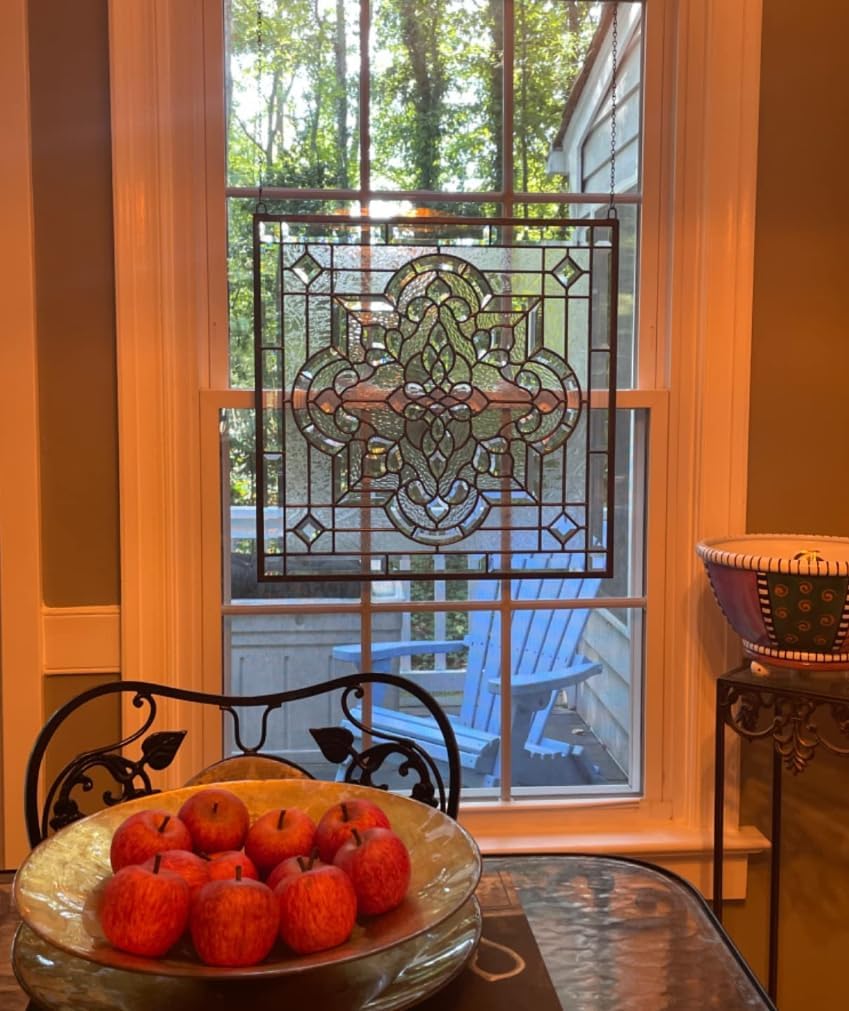 Stunning All Clear Stained Glass and Beveled Window Panel, 24"x 24"