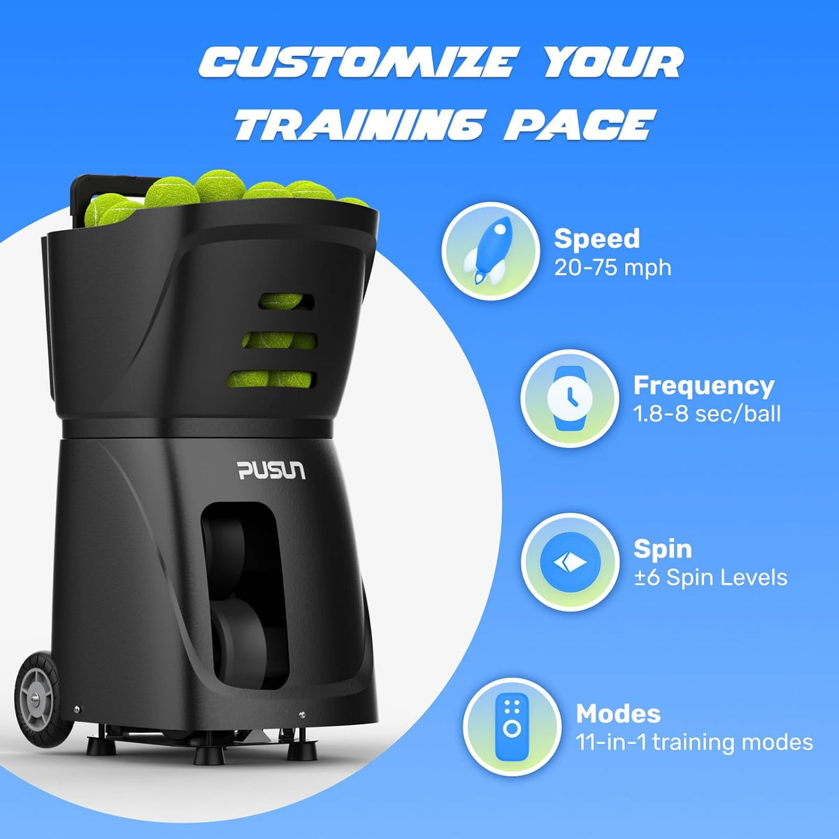 PUSUN|PT-Smart Tennis Ball Machine: App Control with 12 Built-in Training Mod...