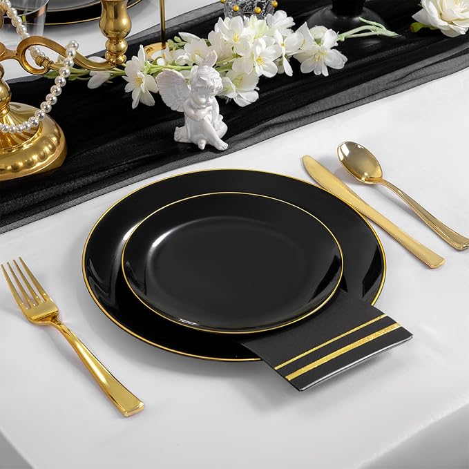 NOCCUR 350PCS Black and Gold Plastic Plates - Black Disposable Dinnerware Set...