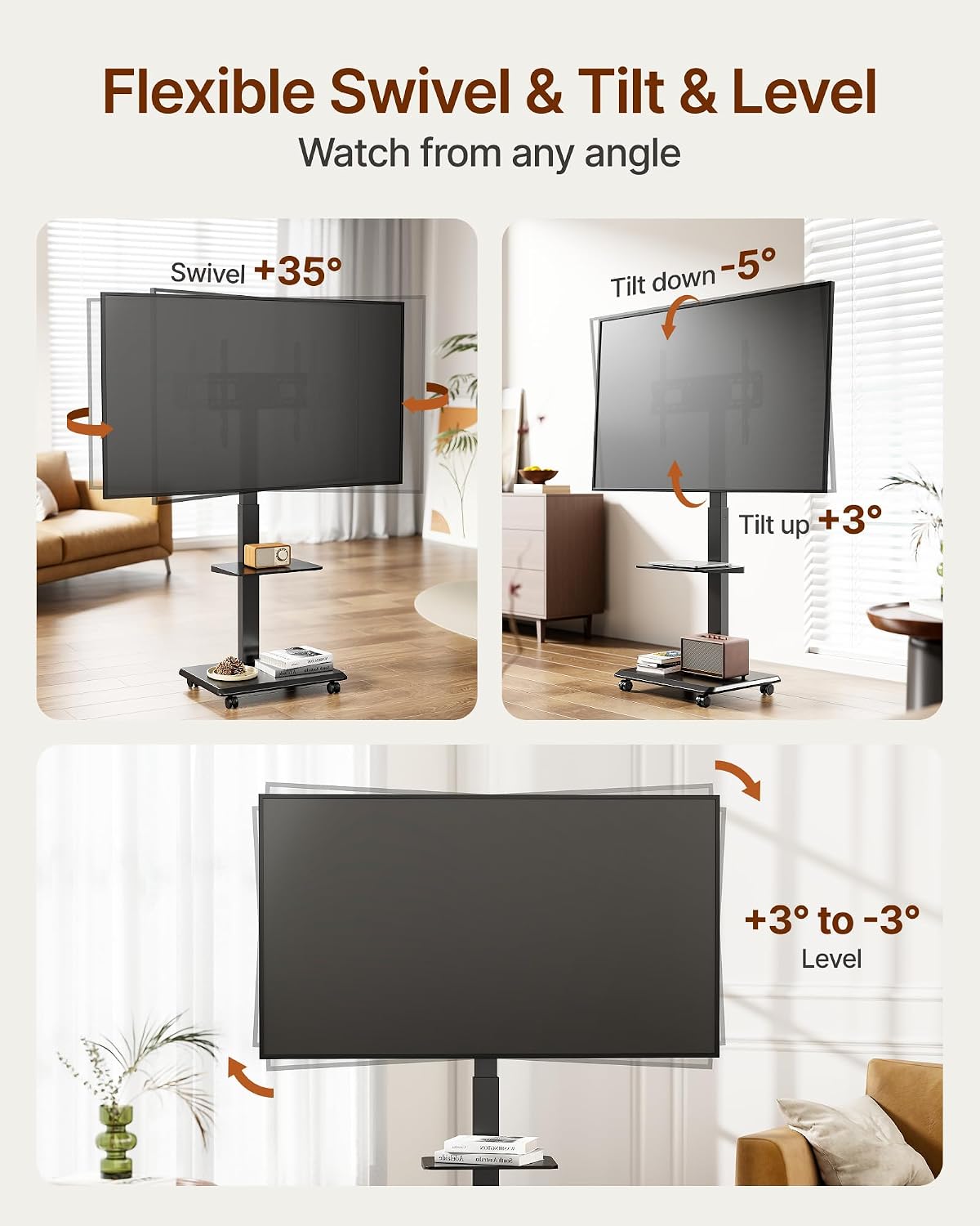 Steel Base Rolling TV Stand for 32-75 inch TVs up to 110 lbs, Black