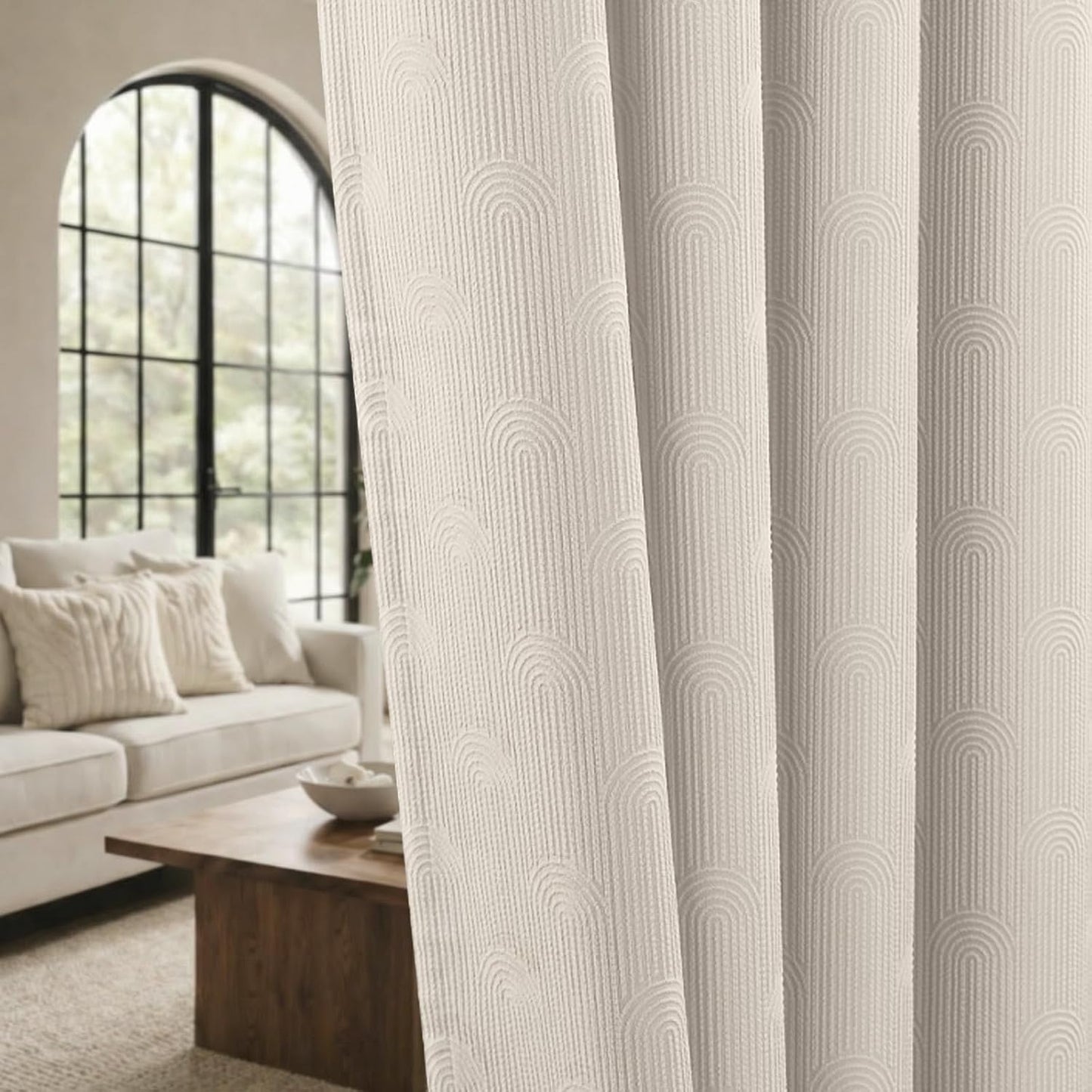 Beige Boho Blackout Curtains 2 Panels for Bedroom 52W*84L | Mid Century Modern Cotton Textured Patterned Drapes