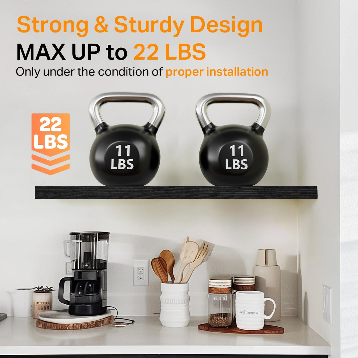 BAYKA Black Floating Shelves 22.5in, Set of 2, Wall Mounted for Wall Decor