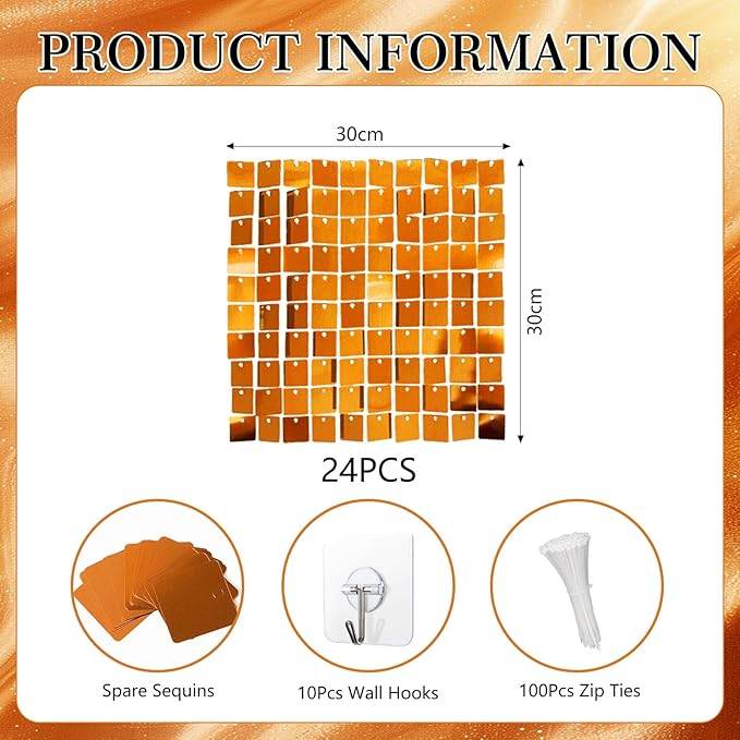 24PCS Orange Shimmer Wall Backdrop, Square Sequin Backdrops Panel, Glitter Wa...