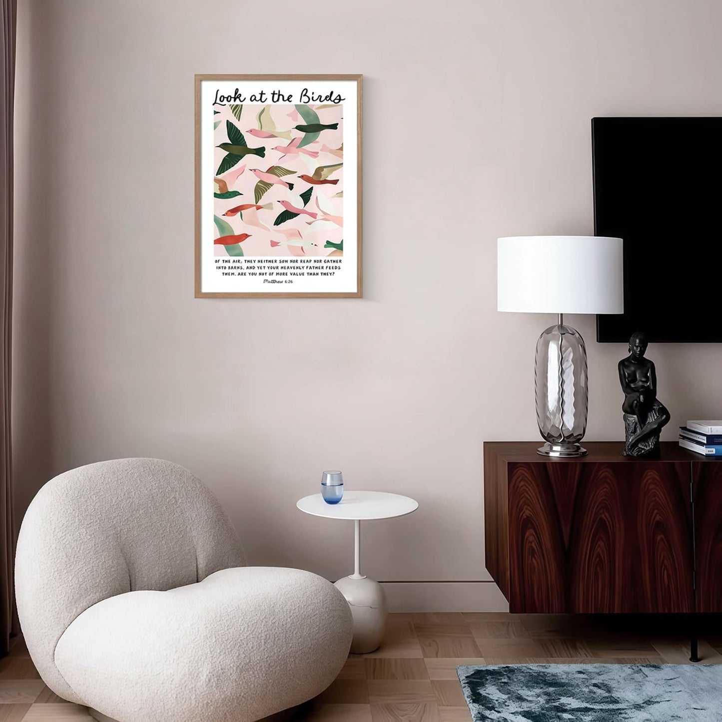 Matthew 6 Look At the Birds Wall Art Framed Christian Wall Deco 16x12 Inch | Ready to Hang Modern Christian Canvas Prints Religious Bible Verse Painting Picture Living Room Bedroom Church Prayer Room