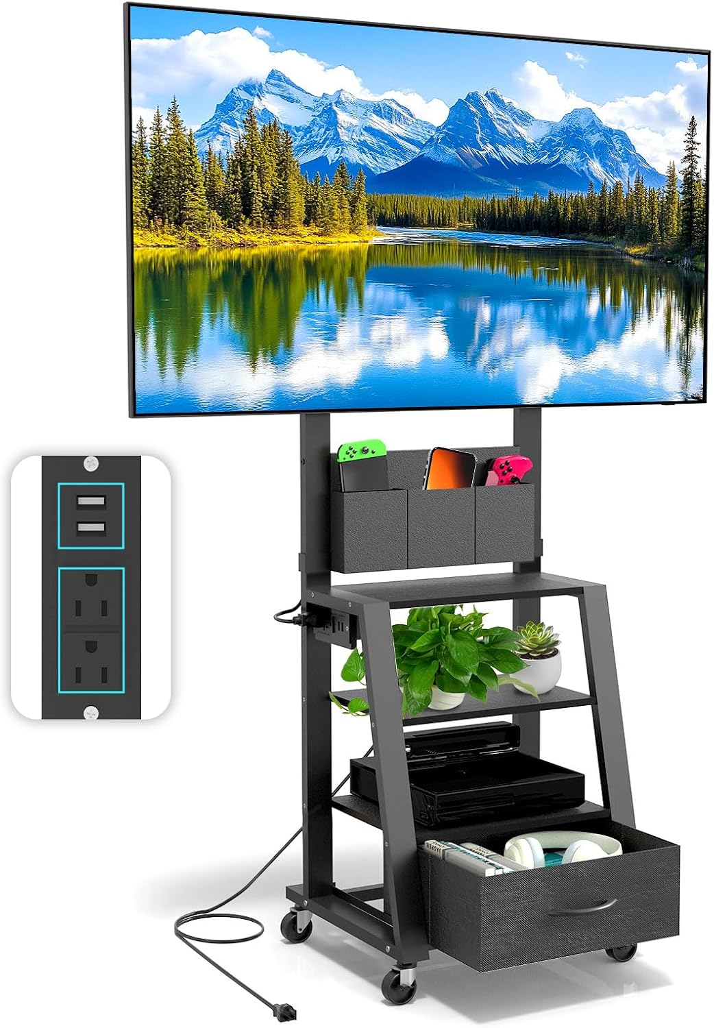 Rolling TV Stand with Power Outlet & 4-Tier Storage for 23"-60"...