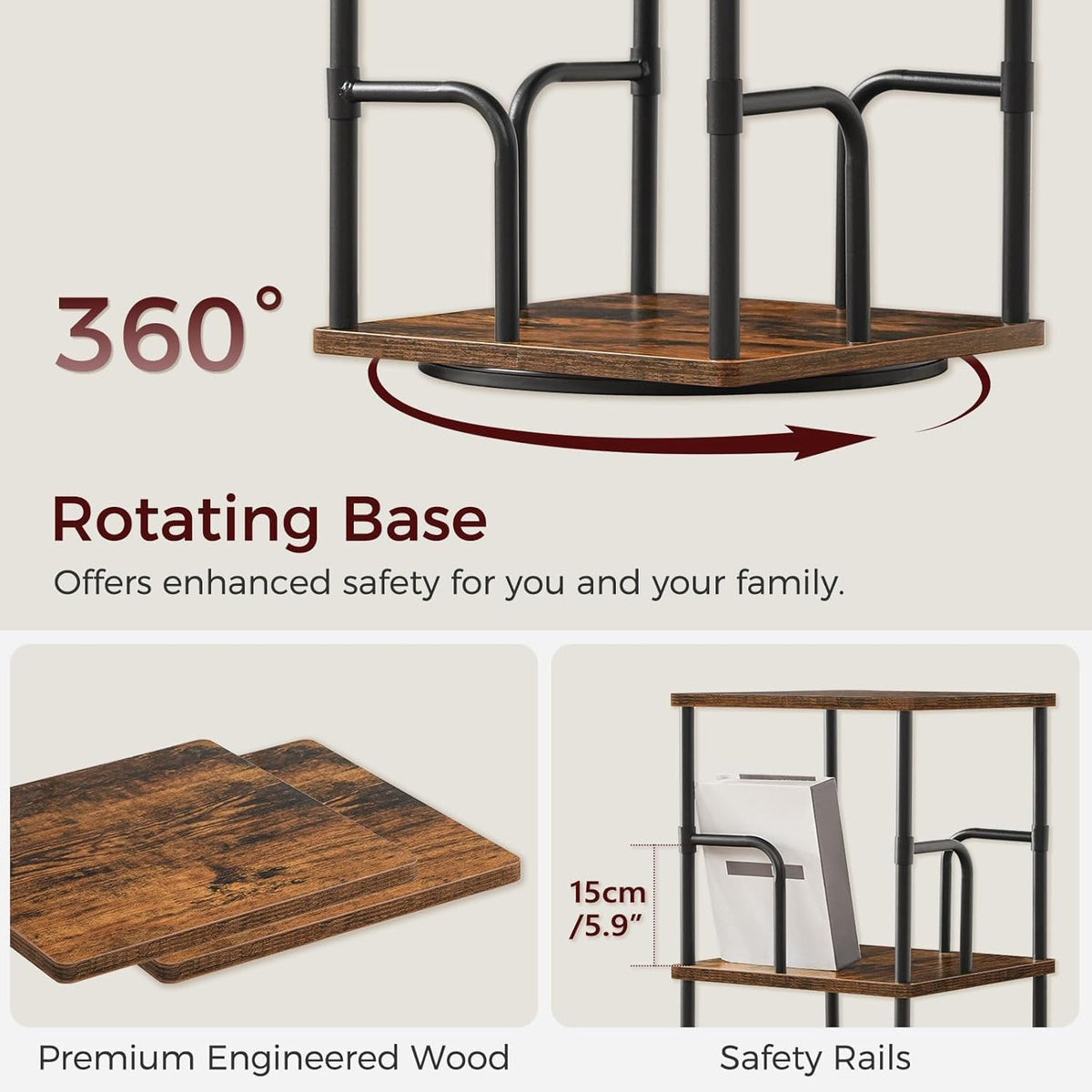 MAHANCRIS 5-Tier Rotating Bookshelf, Freestanding Corner Bookshelf, 360ยฐ Spin...