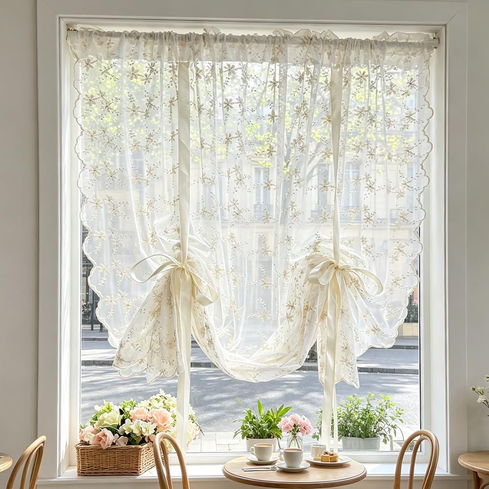 Beige Romantic Little Floral Woven Lace Tie Up Balloon Curtain for Kitchen | Liftable Tier Roman Blind Scallop Edge Lace Cafe Curtain Victorian Drapes for Small Window Balcony Doorway Rod Pocket
