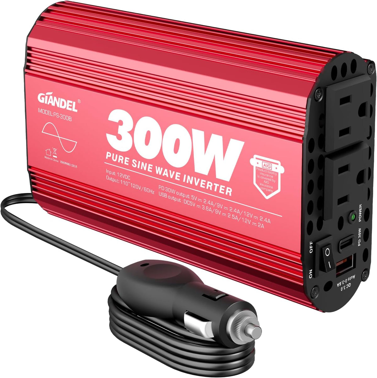 300 Watt Pure Sine Wave Car Power Inverter, PD30W USB-C and QC 3.0 Fast Charg...