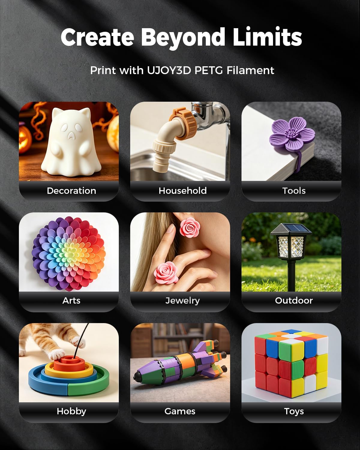UJOY3D 8 Color PETG 3D Printer Filament Bundle, Multicolor Pack, 0.25kg*8