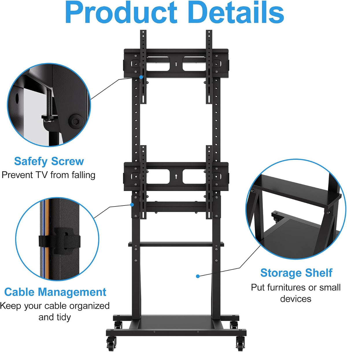 Rolling Dual TV Stand, Mobile TV Cart for Two 32-55 inch TVs