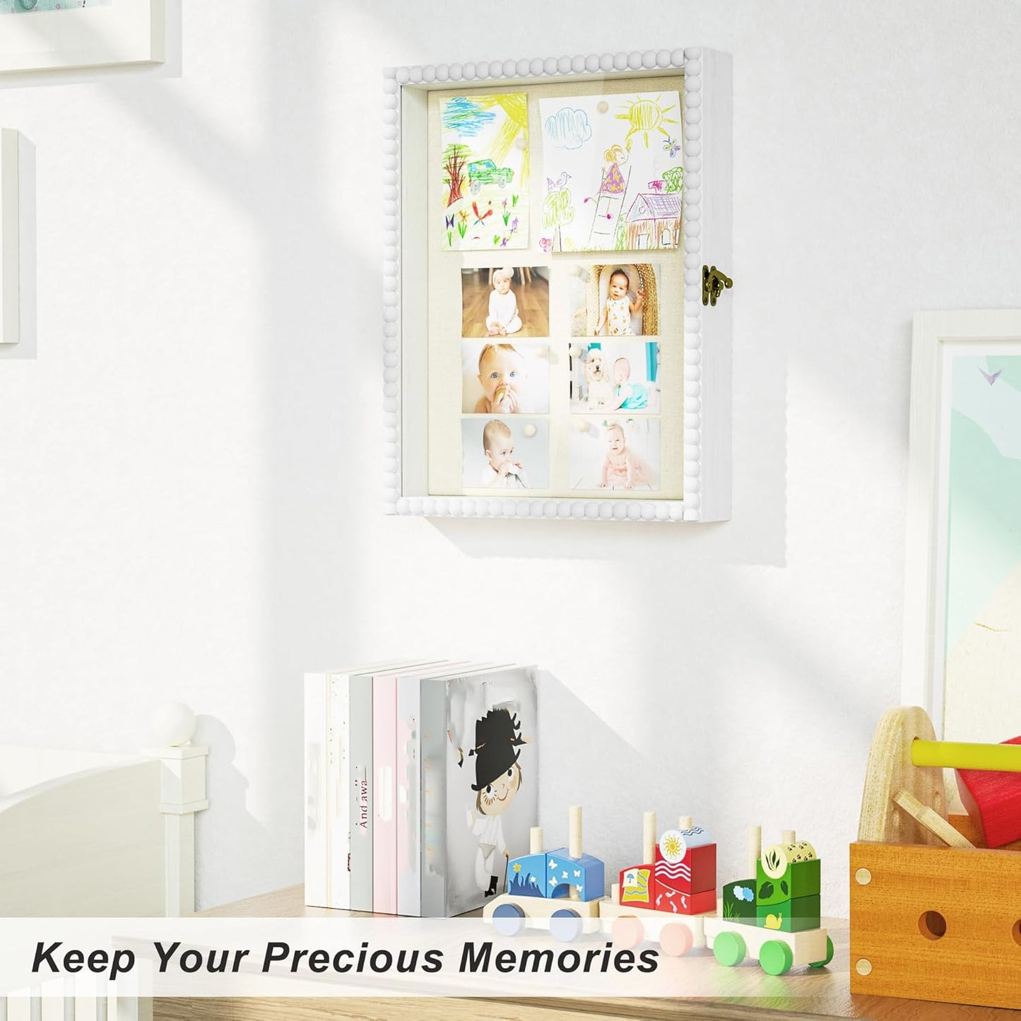 Love-KANKEI Deep Shadow Box Frame 11x14,Unique Solid Wood Beads Frame,White | Front-Opening Glass Door,Metal Latch-Lock,Assembly-Free,Tabletop & Wall-Mount,Memory Box,Gift,Display Photos,Awards,Medals