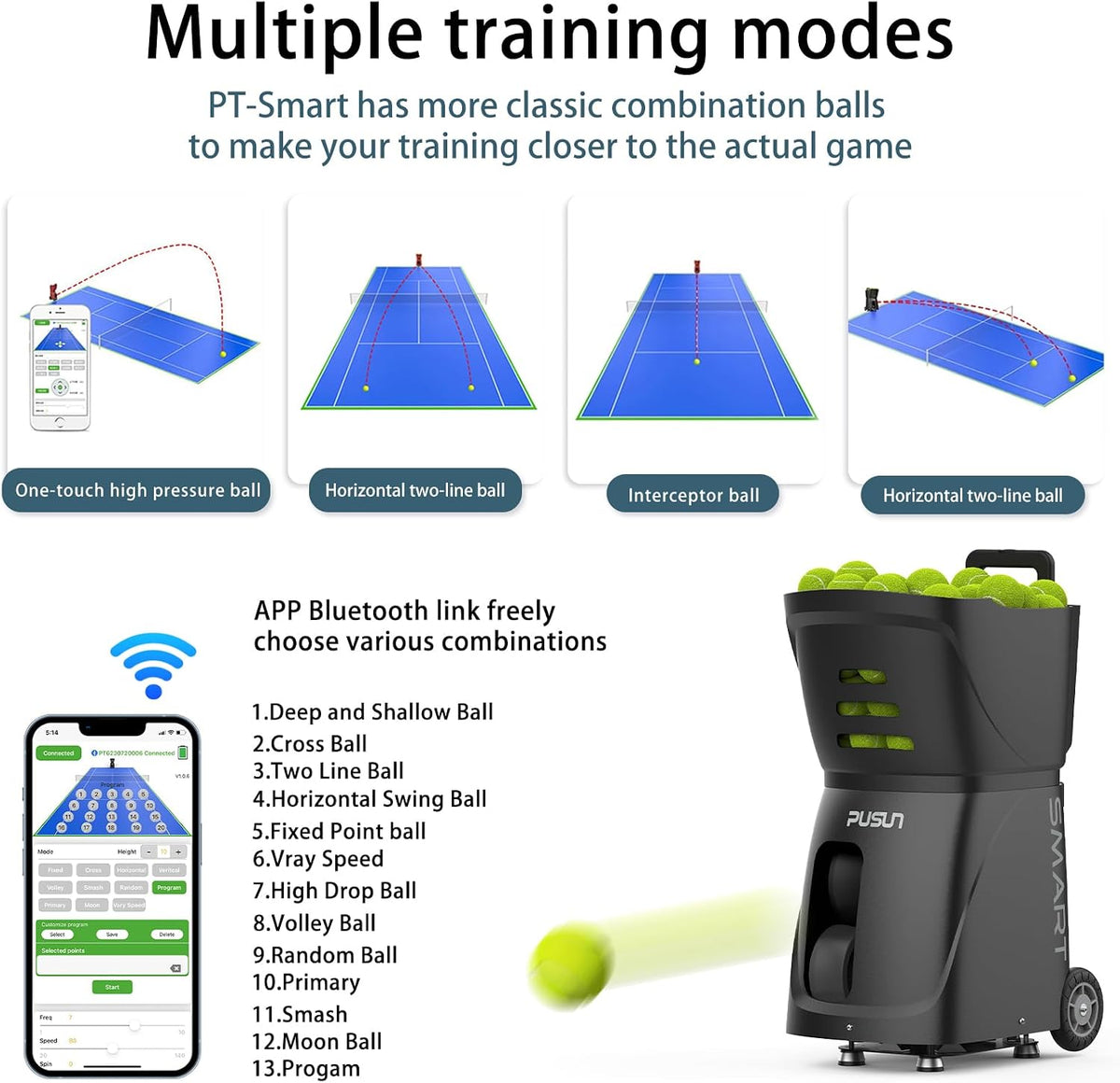 PT-SAMRT-Professional Tennis Ball Machine with App Control - 100+ Ball Capaci...