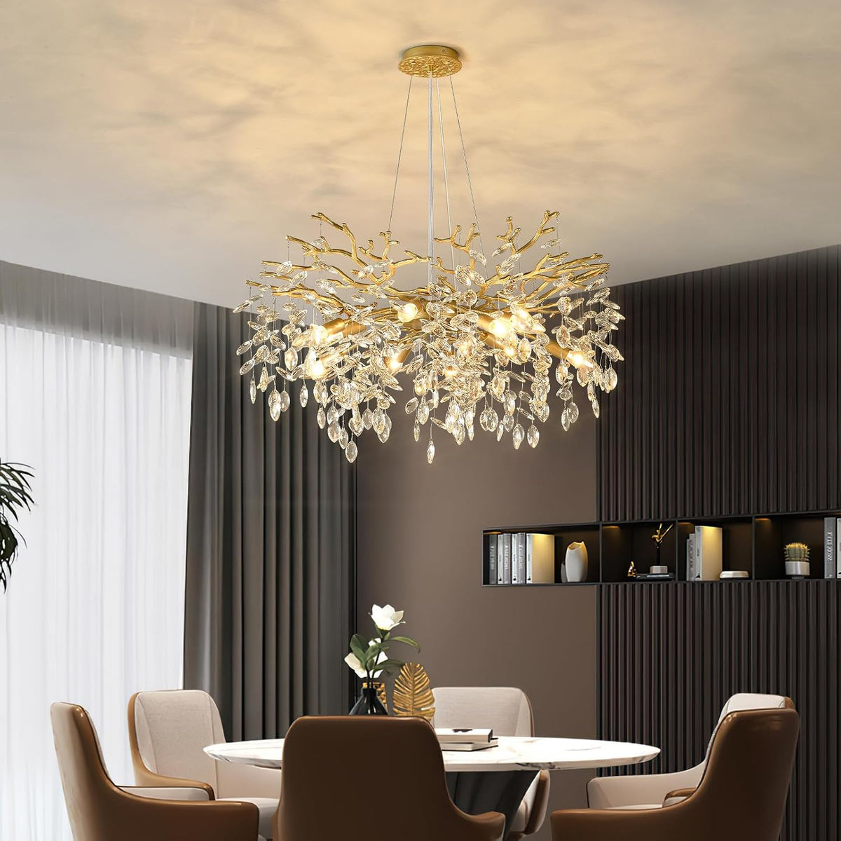 EGM Gold Tree Branch Chandelier 32" 10-Light Modern Crystal Light Fixture