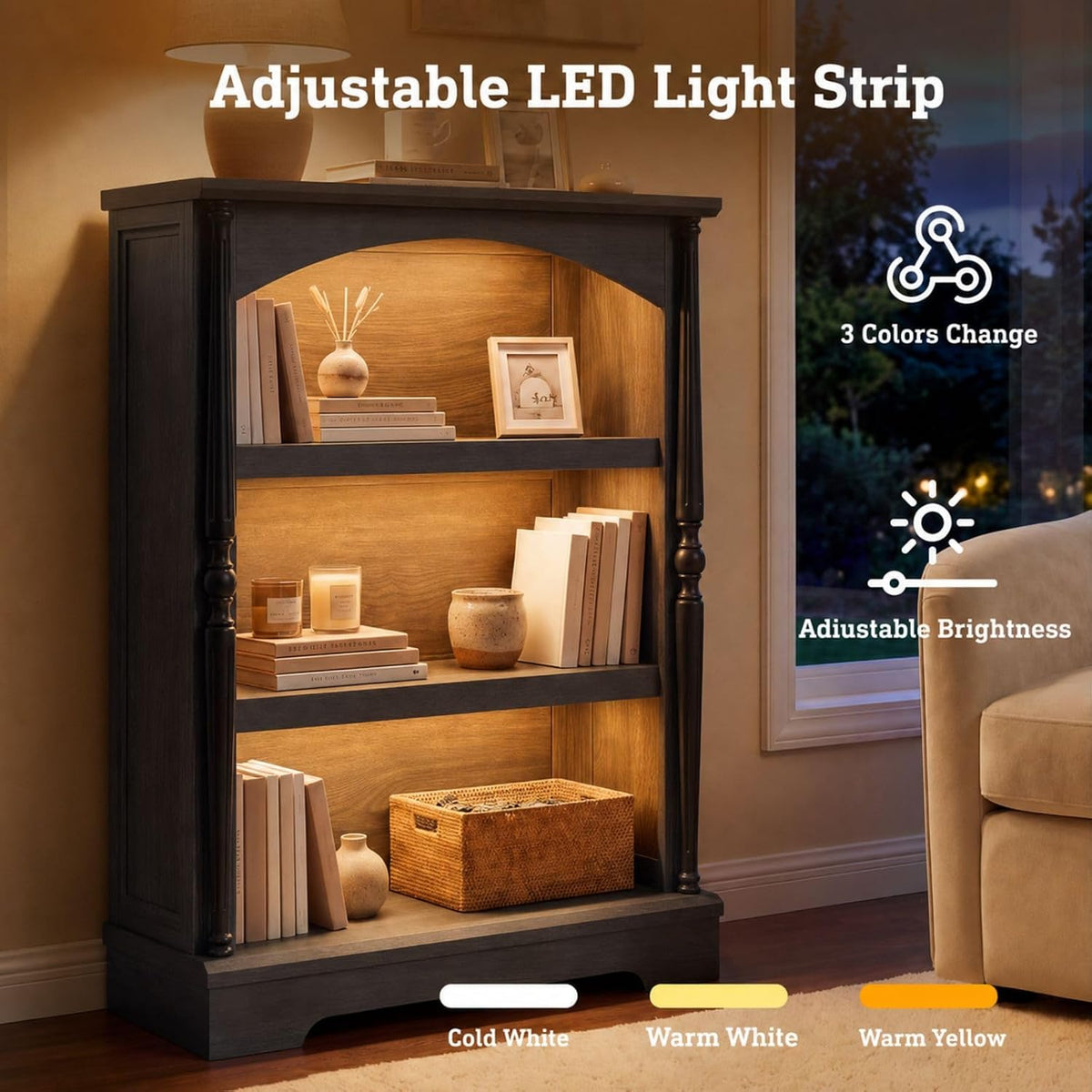 3-Tier Arched Bookcase with LED Lights Set of 2,Farmhouse Bookshelf, Black