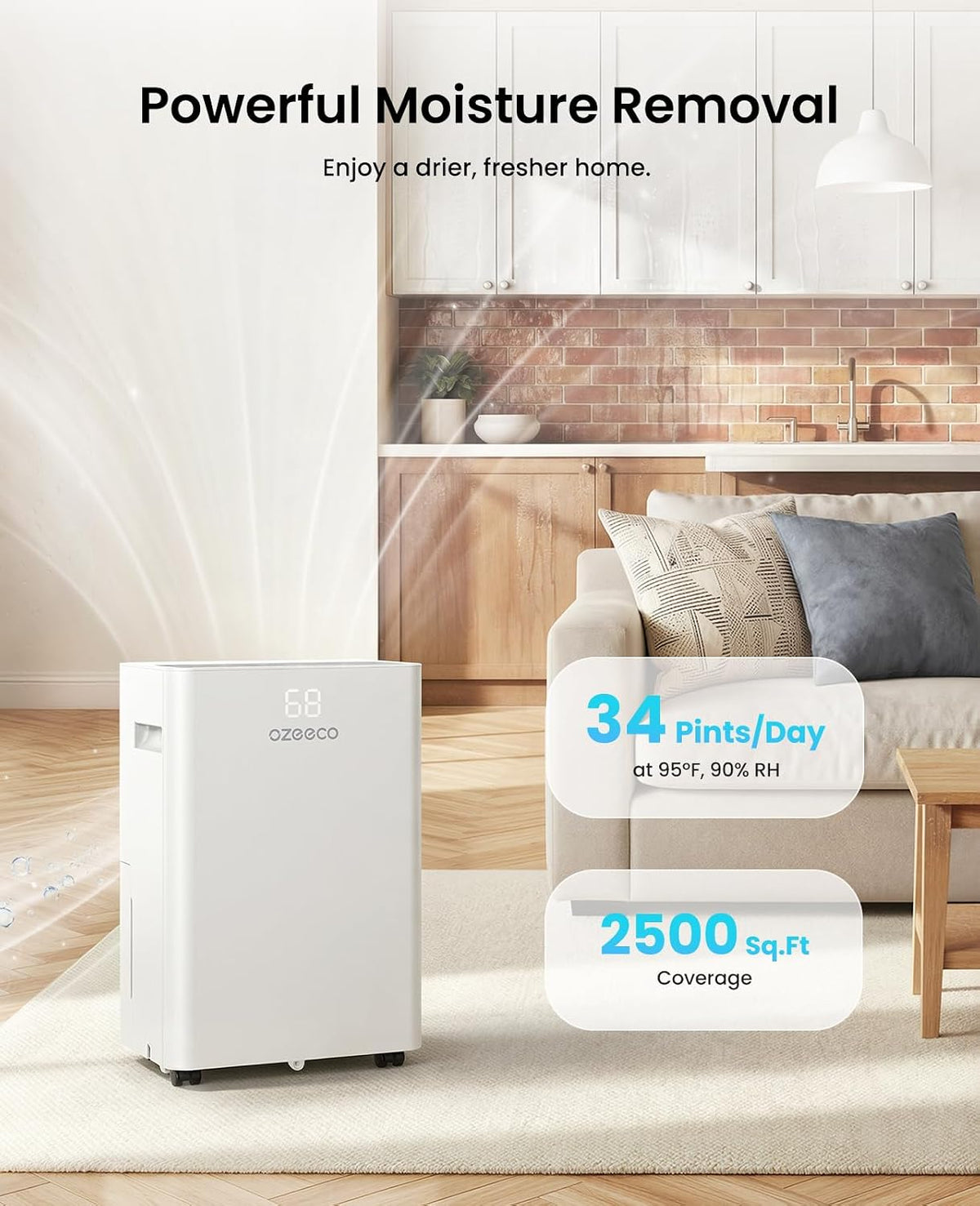 34 Pint/Day Dehumidifier for Basement with Drain Hose, 2500 Sq.Ft, 35dB