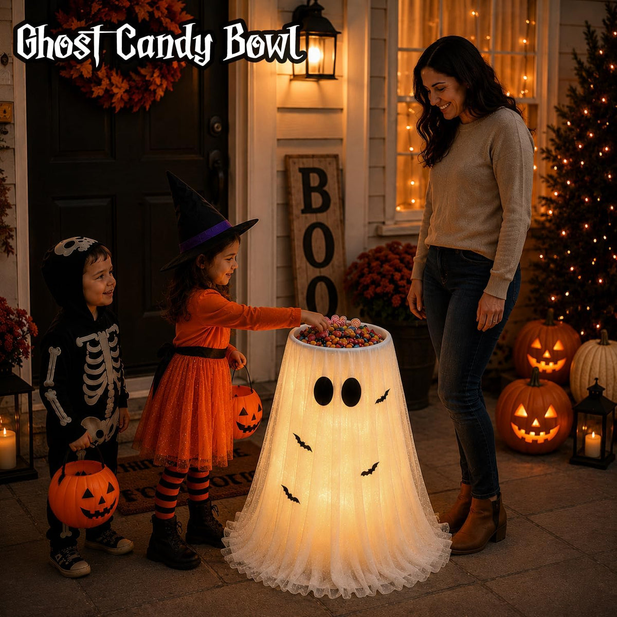 45" Lighted Halloween Candy Bowl Ghost, 2-in-1 Decor with Remote & T...