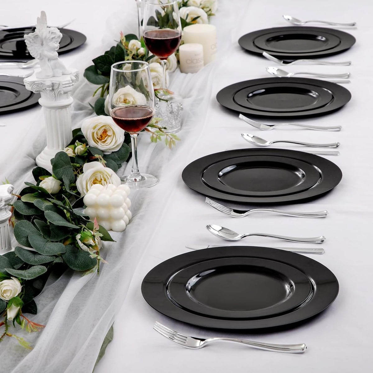 FLOWERCAT 100PCS Black Plastic Plates - Heavy Duty Black Disposable Plates fo...