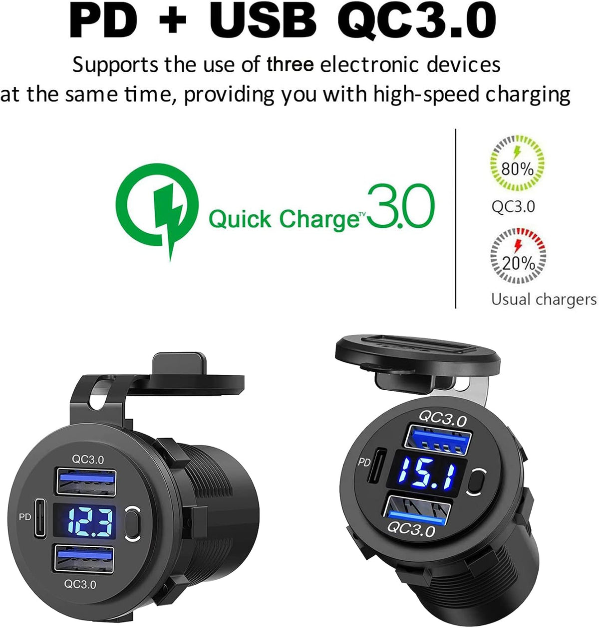 5 Pack 12V USB Outlet, QC3.0 & PD Dual Car Charger with Voltmeter & S...