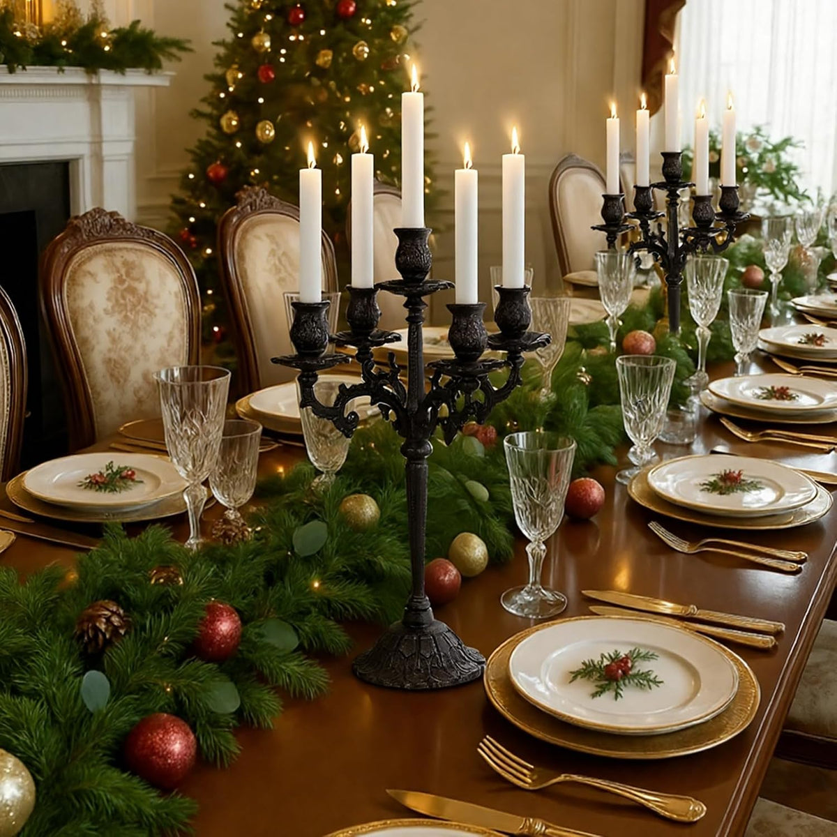 Mumufy 2 Pcs 5 Arm Black Halloween Candelabra 16.7" Tall Cast Iron Vintage
