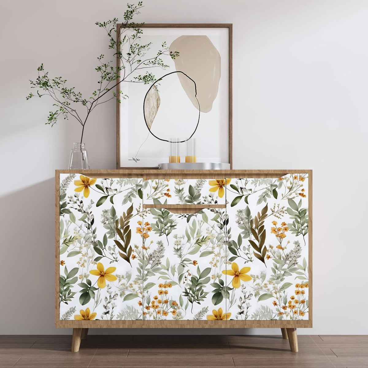 Vintage Green Yellow Wild Floral Botanical Wallpaper 17.5"x393" | Self Adhesive/Removable/Waterproof/Thick Vinyl Contact Paper for Bathroom Bedroom Shelf Cabinet Drawer,Prepasted,Easy Peel