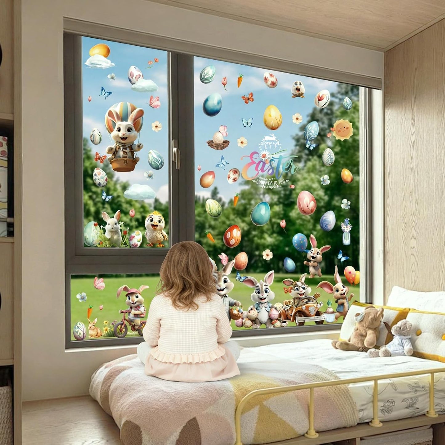 Hianjoo 87 PCS Easter Window Clings, 9 Sheets Easter Egg Window Clings Stickers for Window Decor, Double Sided Bunny Window Cling Decorations with Chick Flower Butterfly Carrot