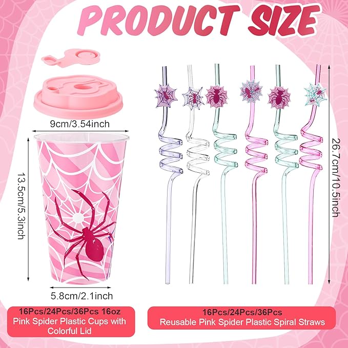 Yungyan 36 Sets Pink Spider Party Favors Goodie Cups with Lids and Straws for...