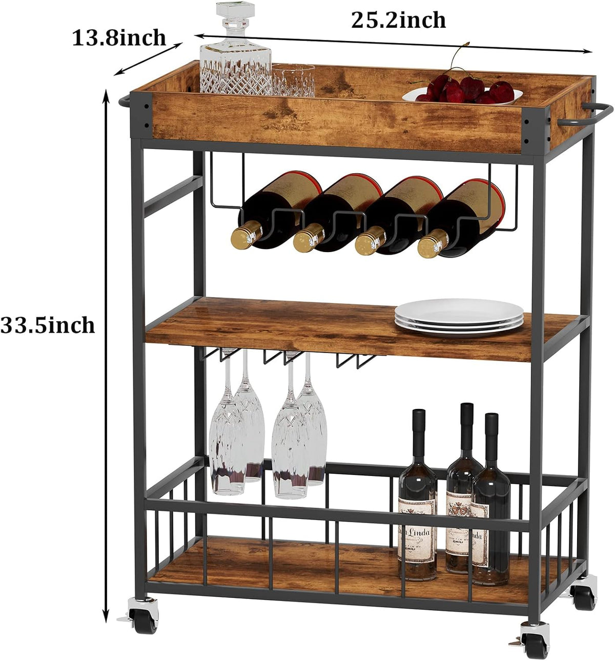 Bar Cart Serving Wine 3 Tier Home Rolling Rack with Wheels Mobile Kitchen Ind...
