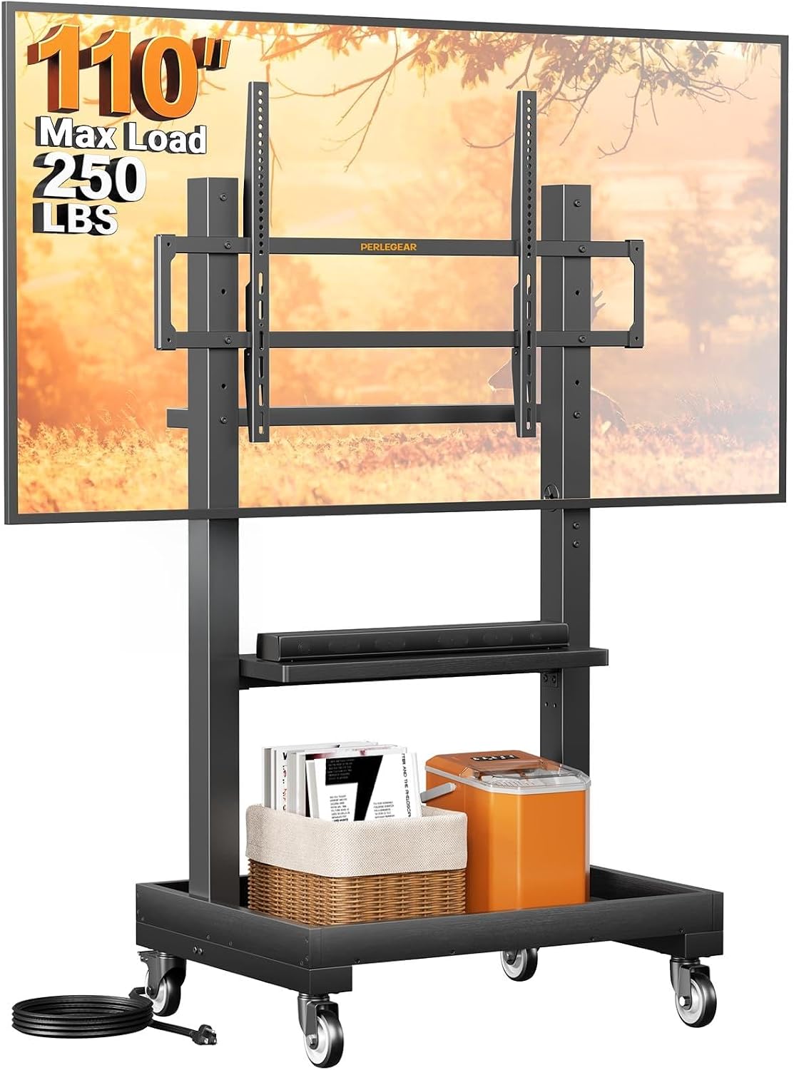 Perlegear Rolling TV Stand with Power Outlet for 32โ110 inch TVs, 250 lbs