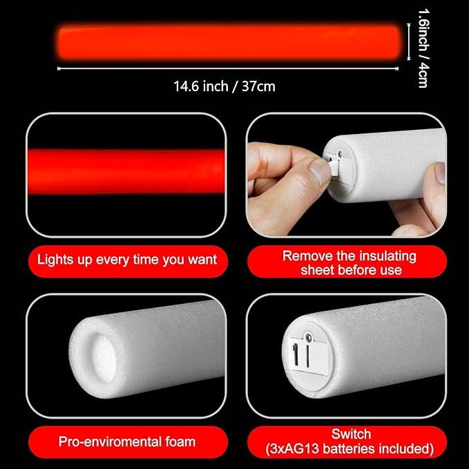 Glow Foam Sticks Bulk, 24 Pcs Red Giant LED Light Up Sticks 3 Modes Flashing ...