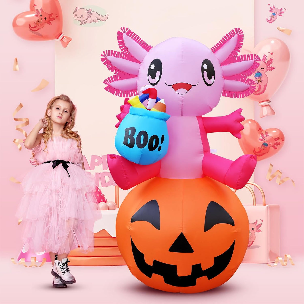 anroog Halloween Decorations Outdoor 5.2FT Axolotl Inflatables Pumpkin Blow U...