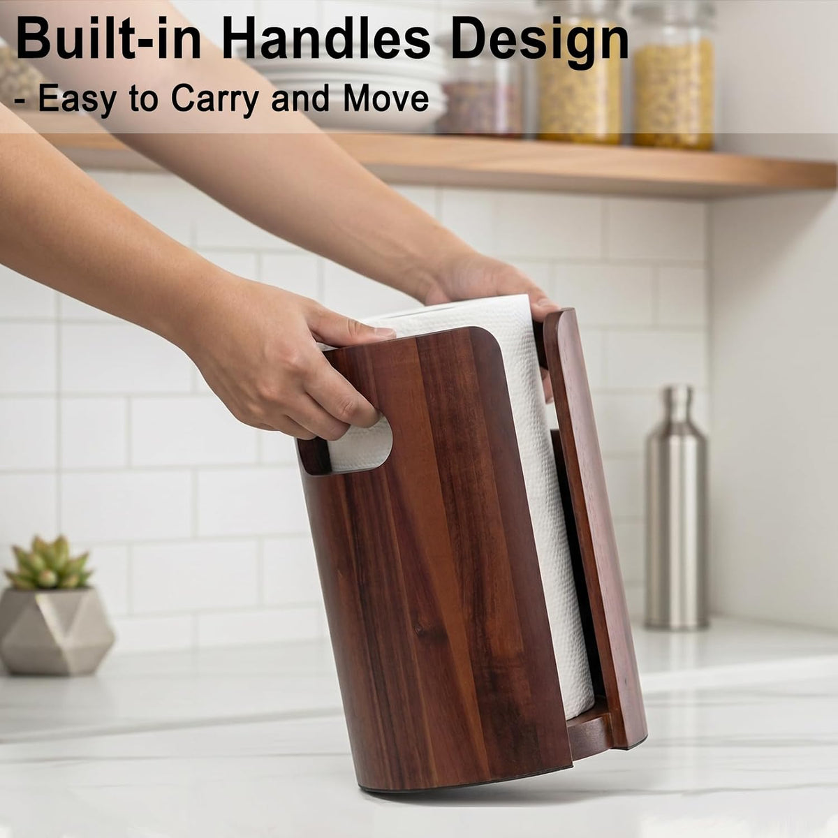 Acacia Wood Paper Towel Holder for Kitchen Countertop with Splash Guard