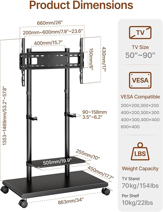 ECOTINY Steel Base Rolling TV Stand - Image 9