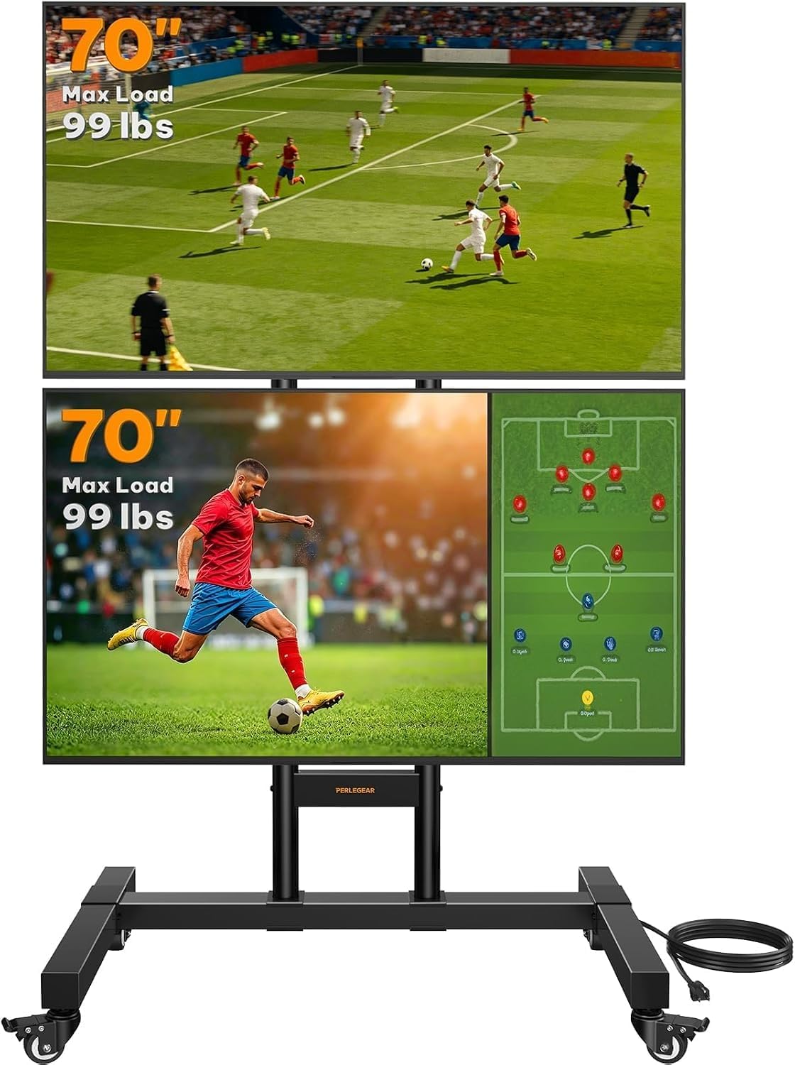 Perlegear Rolling TV Stand for 32โ70 Inch Dual Screens, Holds up to 99 lbs Ea...