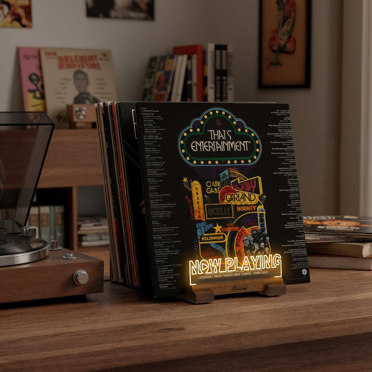 Onmiwod Vinyl Record Holder for 35 LPs, Light Up Now Playing Vinyl Record Sta...