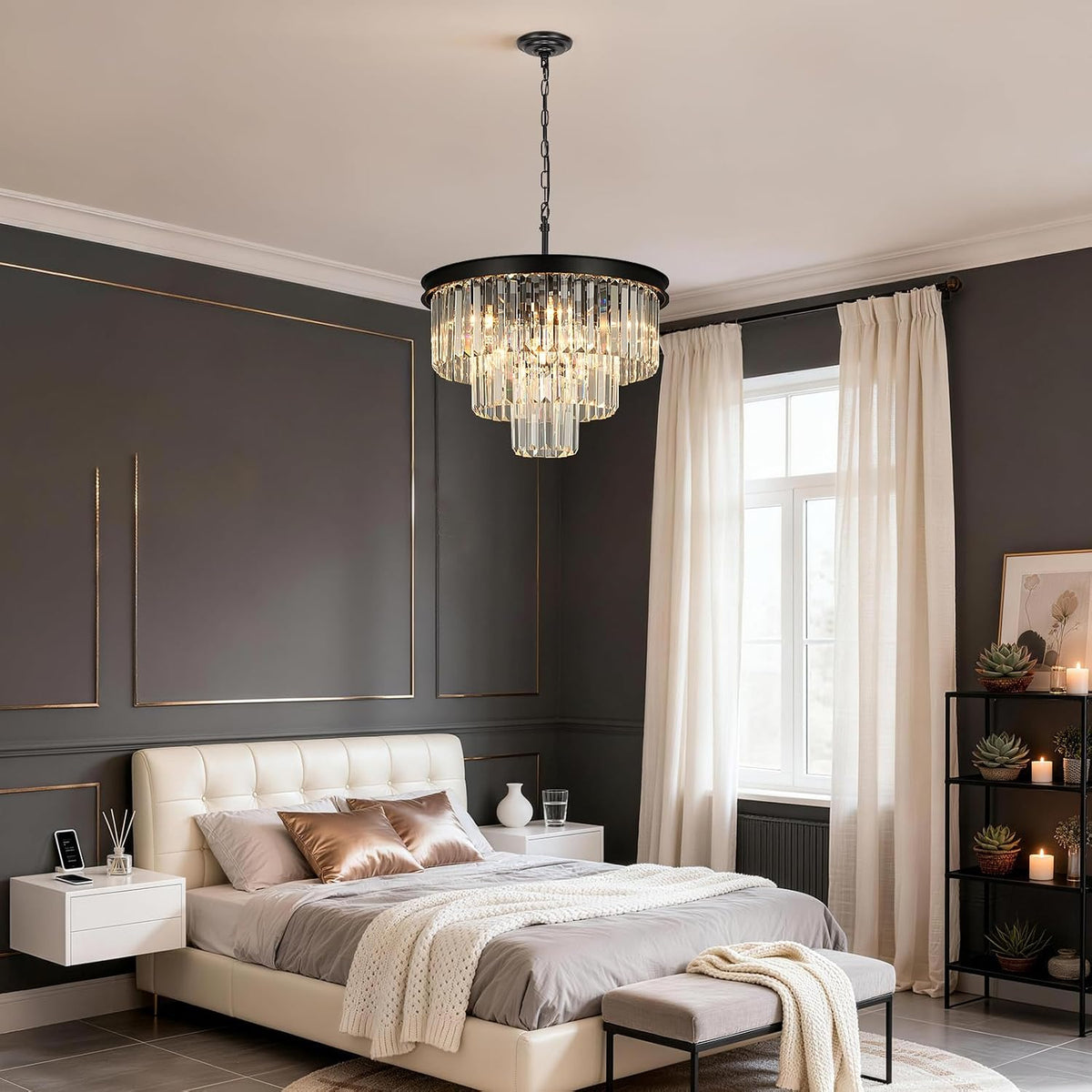 Weesalife Black Crystal Chandeliers for Dining Room๏ผ9-Lights D20 Inch