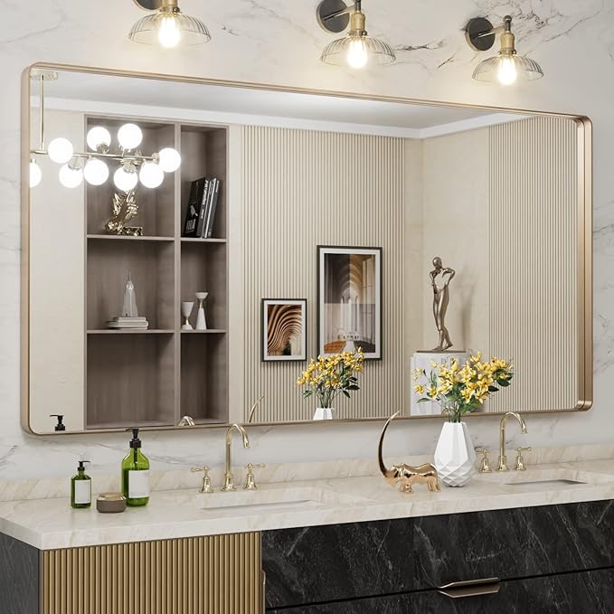 LOAAO 72”X36” Gold Bathroom Mirror, Rounded Rectangle Gold Frame Mirror - Image 8