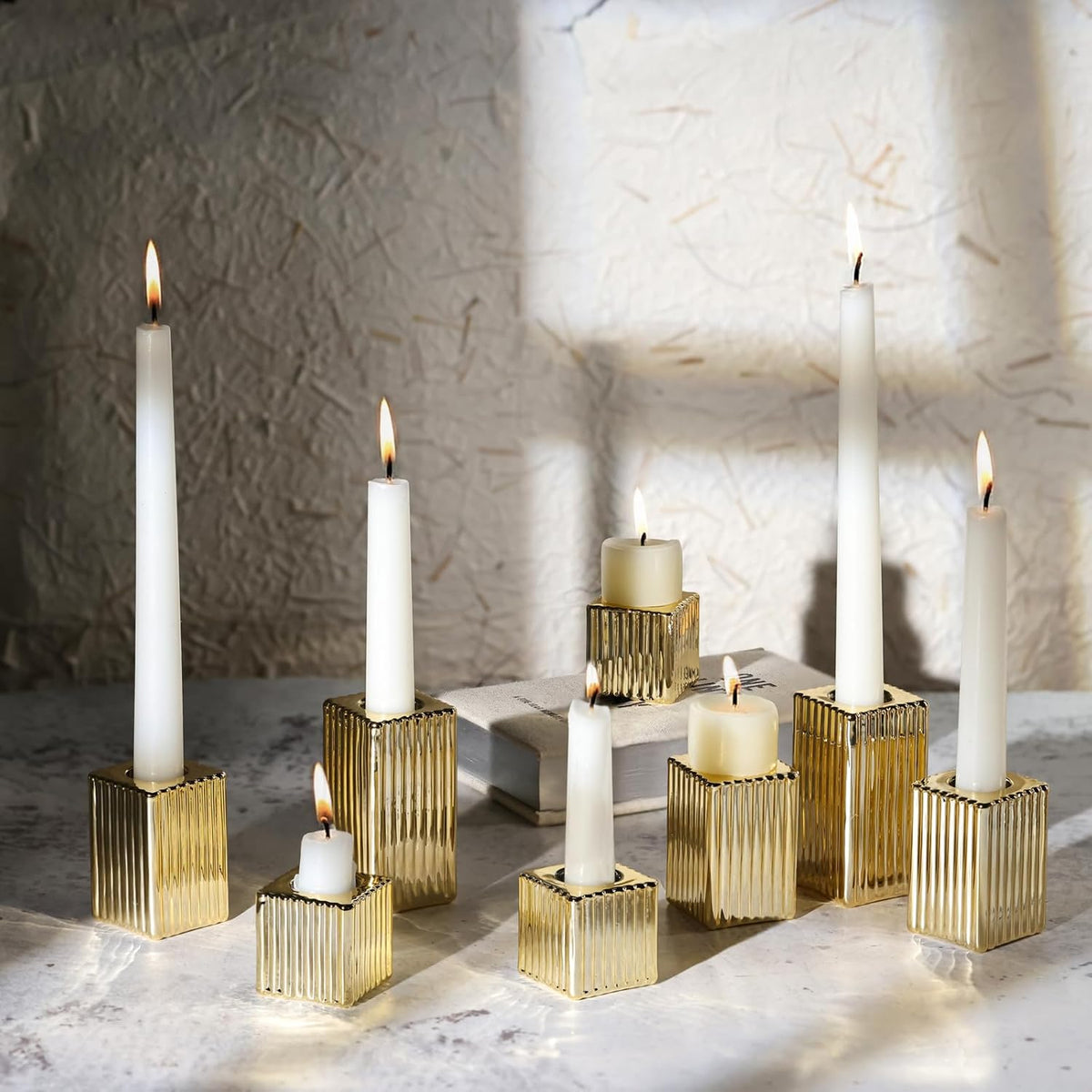 LETINE 12pcs Gold Vertical Stripe Glass Candlestick Holders - Chic Taper Cand...