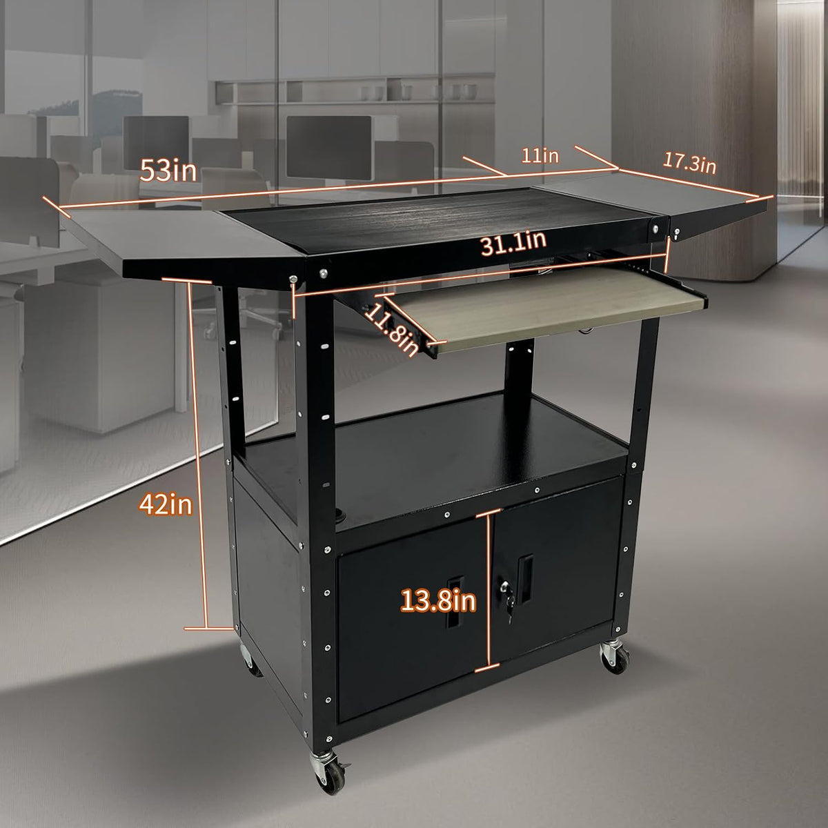 Large Steel AV Cart with Locking Cabinet and Pullout Keyboard Tray, Adjustabl...