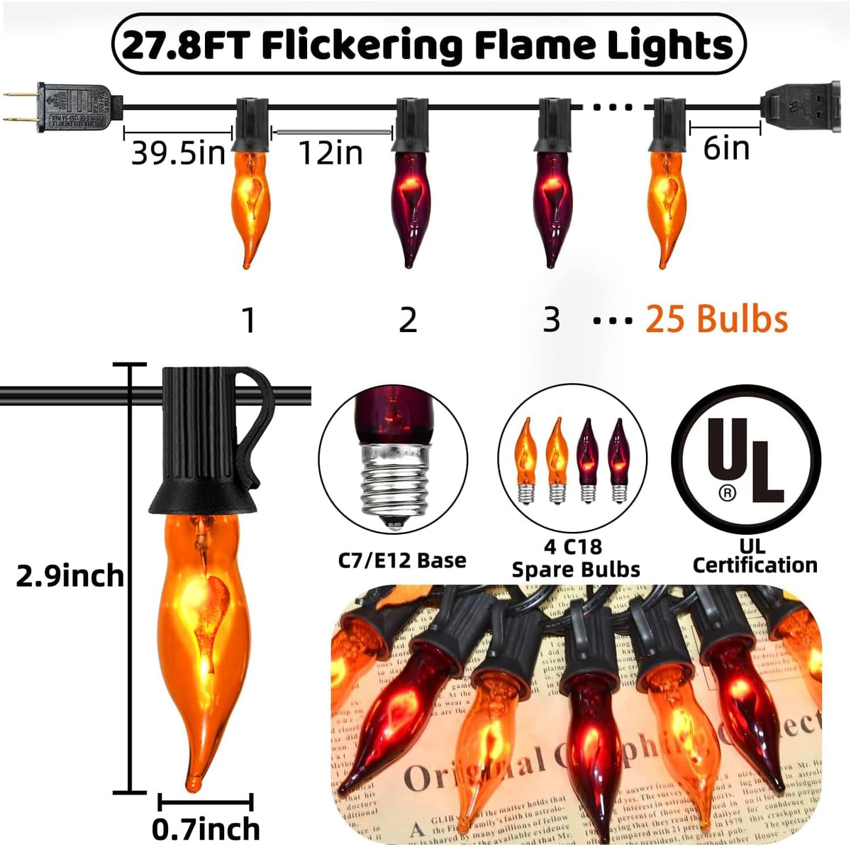 27.8Ft Orange and Purple Halloween Lights Flame String Lights, Spooky Flicker...