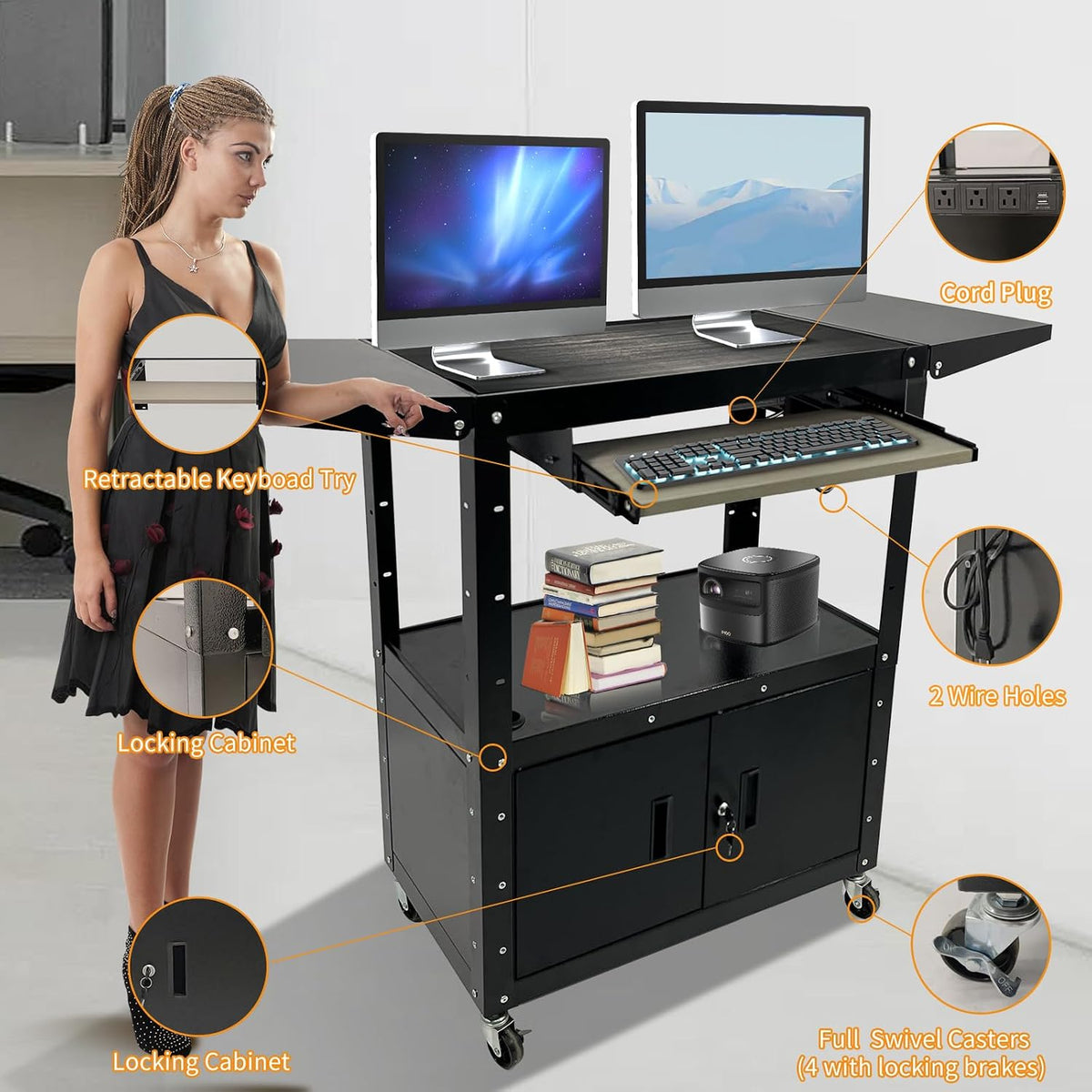 Large Steel AV Cart with Locking Cabinet and Pullout Keyboard Tray, Adjustabl...