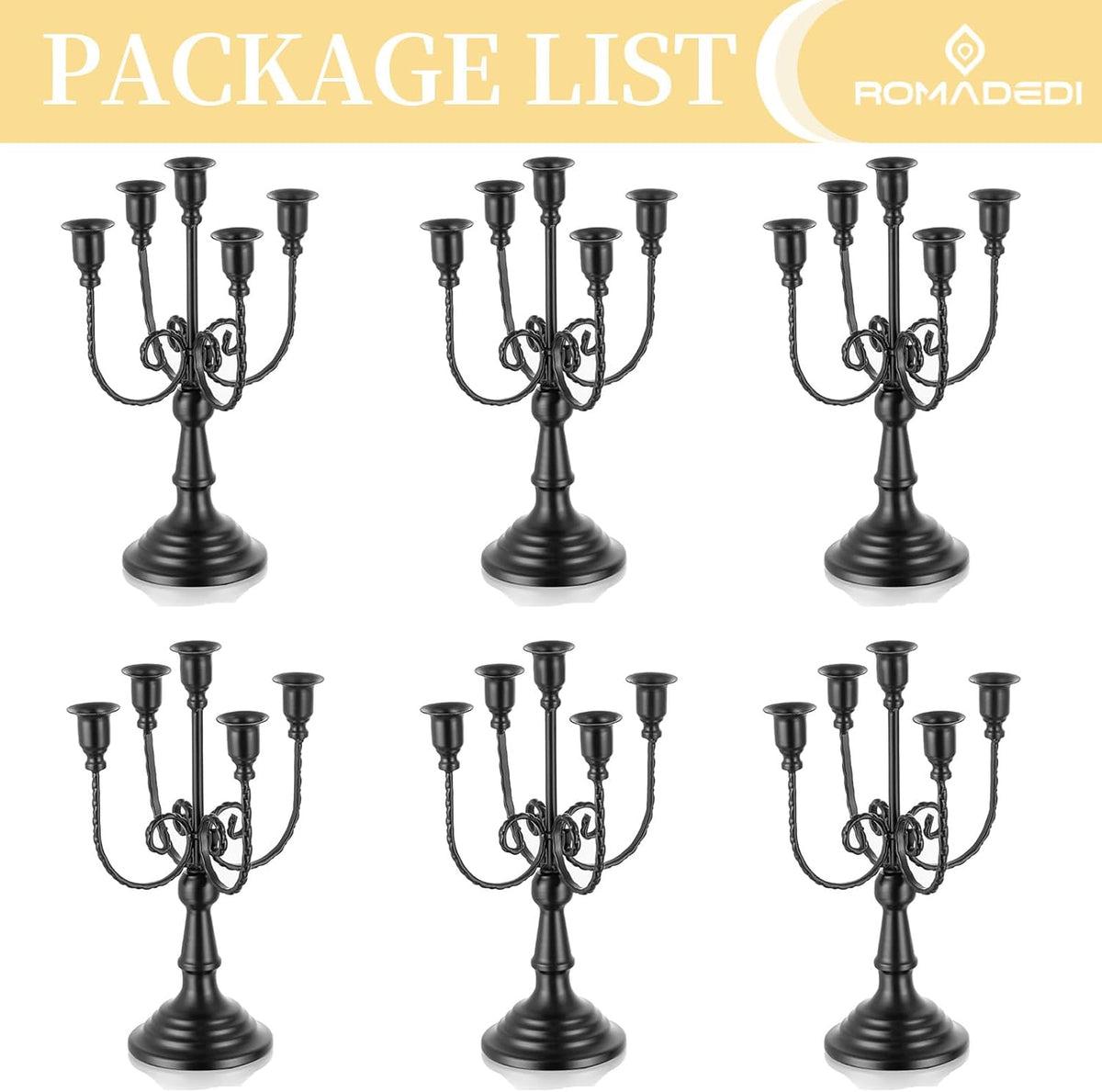 Romadedi Halloween Candelabra, Black 5-Arm Candle Holder 11.8", Set of 6